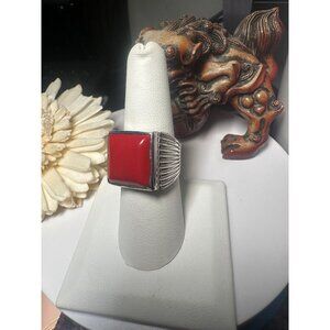 Sterling Silver Red Coral Chuncky Ring